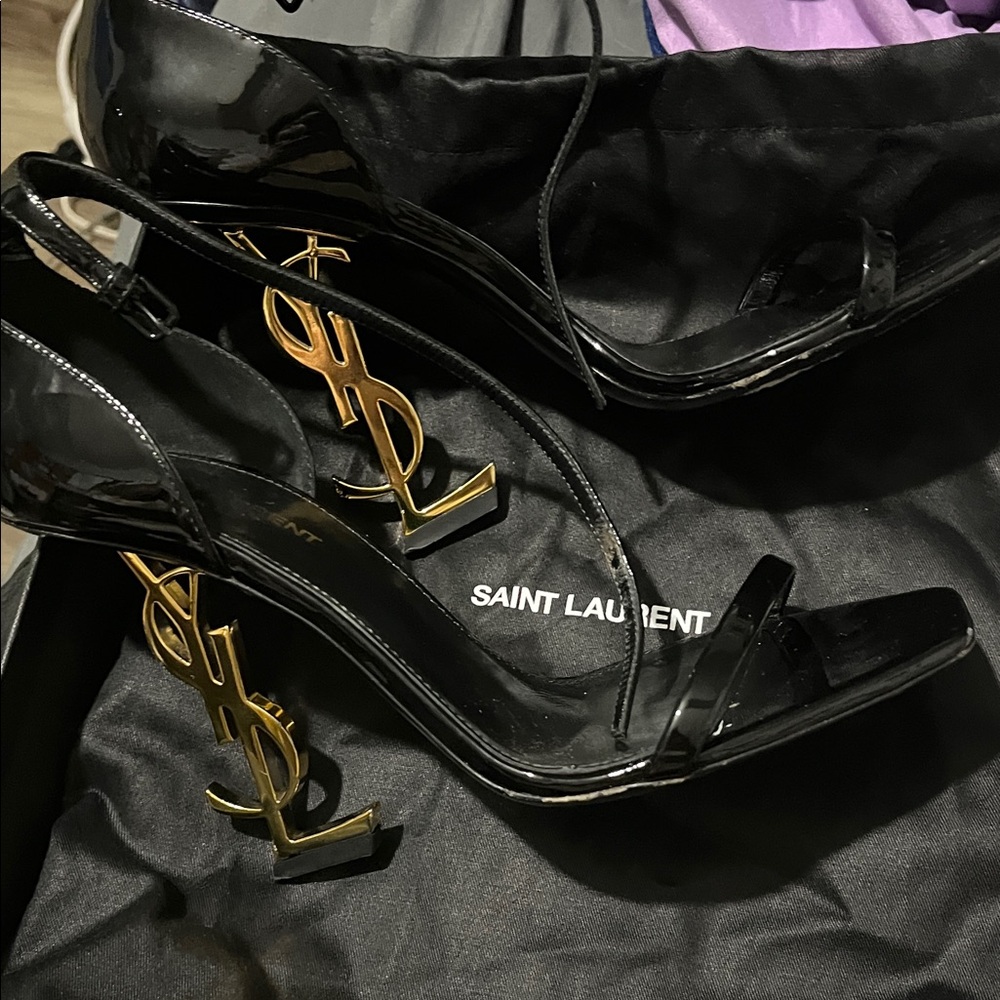 Yves Saint Laurent Black Heels with Gold Logo - Picture 5 of 5